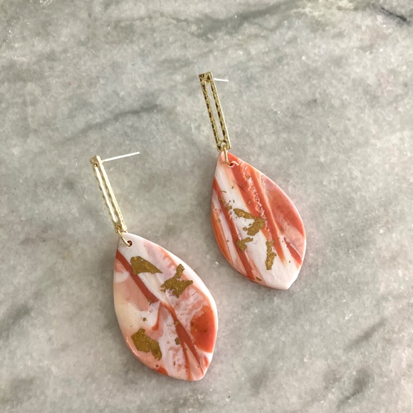 Gold Foil Flecked Polymer Clay Drop Pink and Gold Earrings - Picture 4 of 4